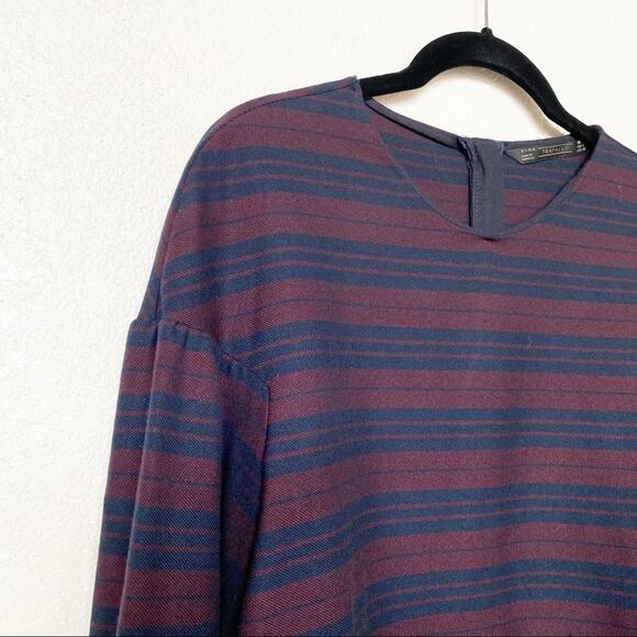 Zara Maroon Navy Stripe Bubble Sleeve Top Size Large - Picture 3 of 9